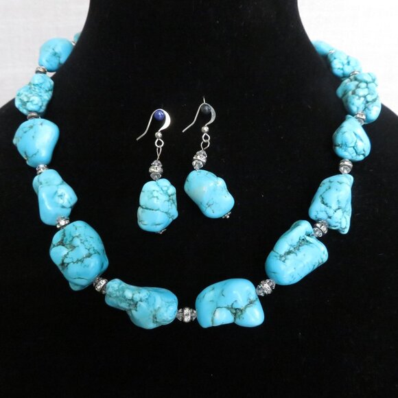Vintage Turquoise Dyed Howlite Nugget Necklace Earring Set Silver Crystal Accent - Picture 1 of 16